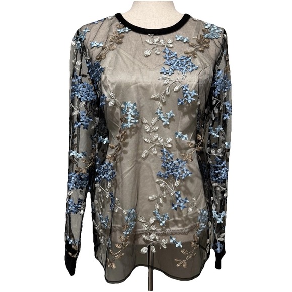 Elie Tahari Tops - Elie Tahari Val Floral Embroidered Mesh Top Womens Medium Boho Dark Romantic